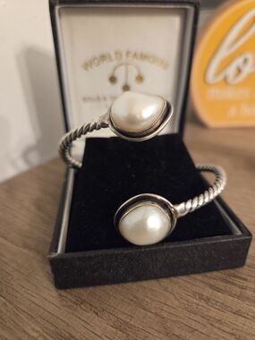 Sterling Silver Pearl Open Cuff Bracelet - White